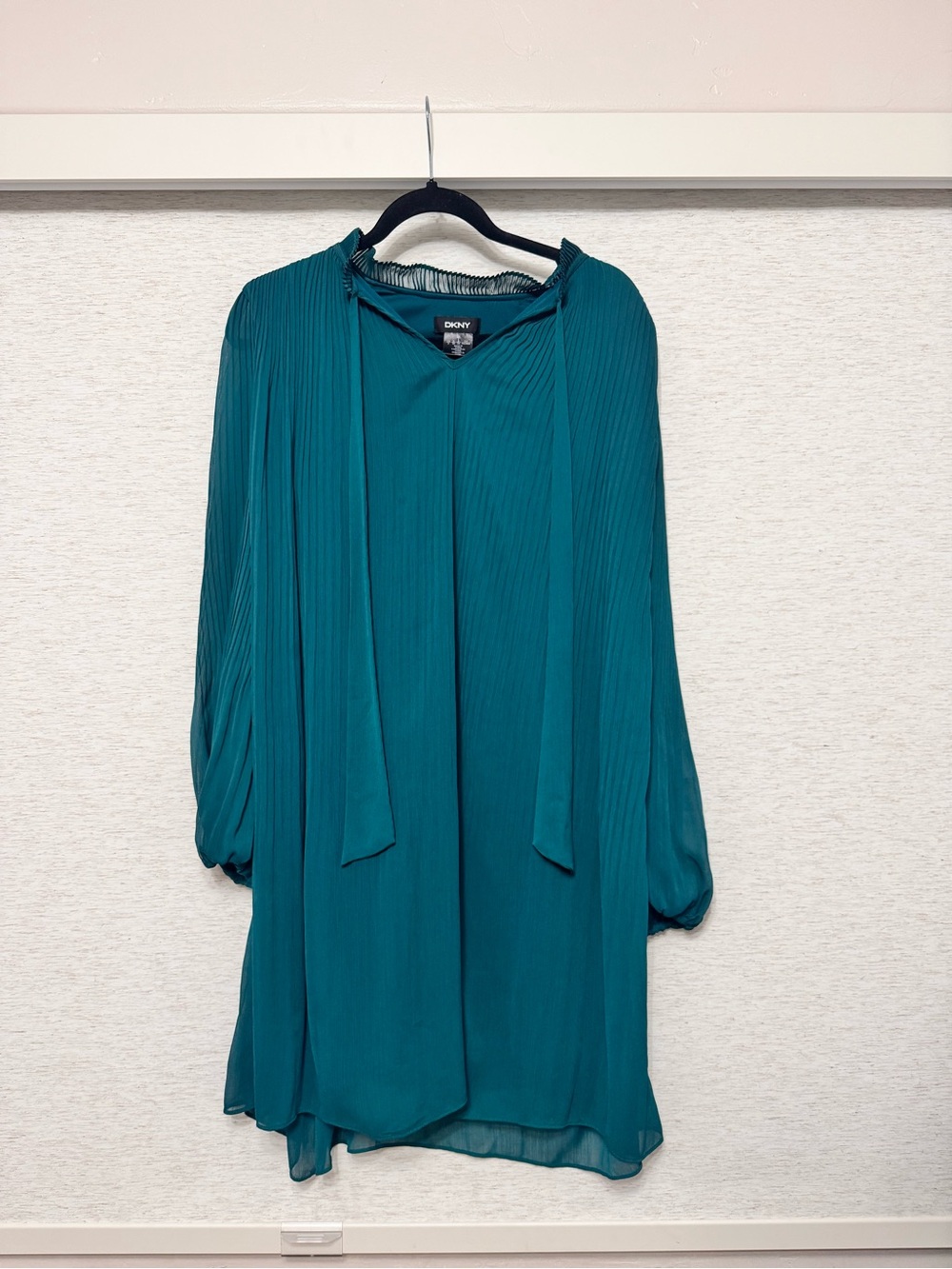 DKNY Teal Pleated Tie-Neck dress